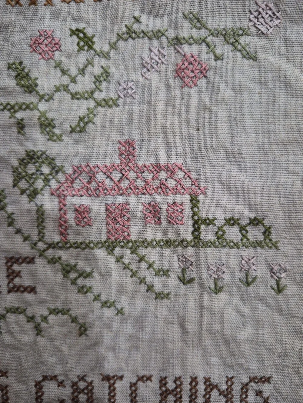 Vintage Happiness Tree Embroidered Cross Stitch Sampler Linen Fabric Large